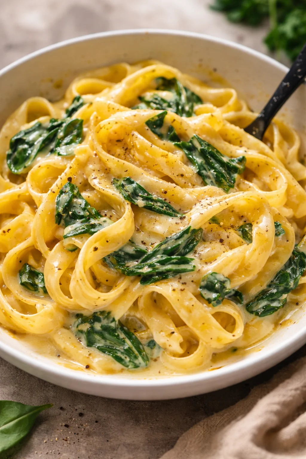 One Pot Creamy Garlic Butter Spinach Pasta served in a bowl