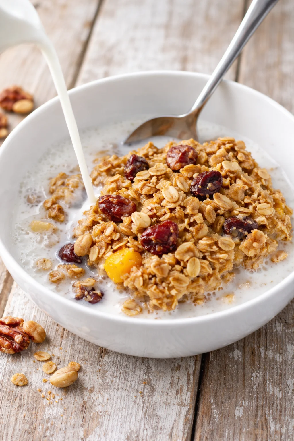 Delicious overnight baked oatmeal topped with dried fruit and nuts