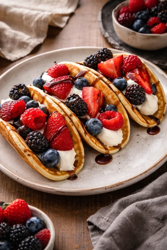 Delicious pancake tacos served with fresh toppings and syrup