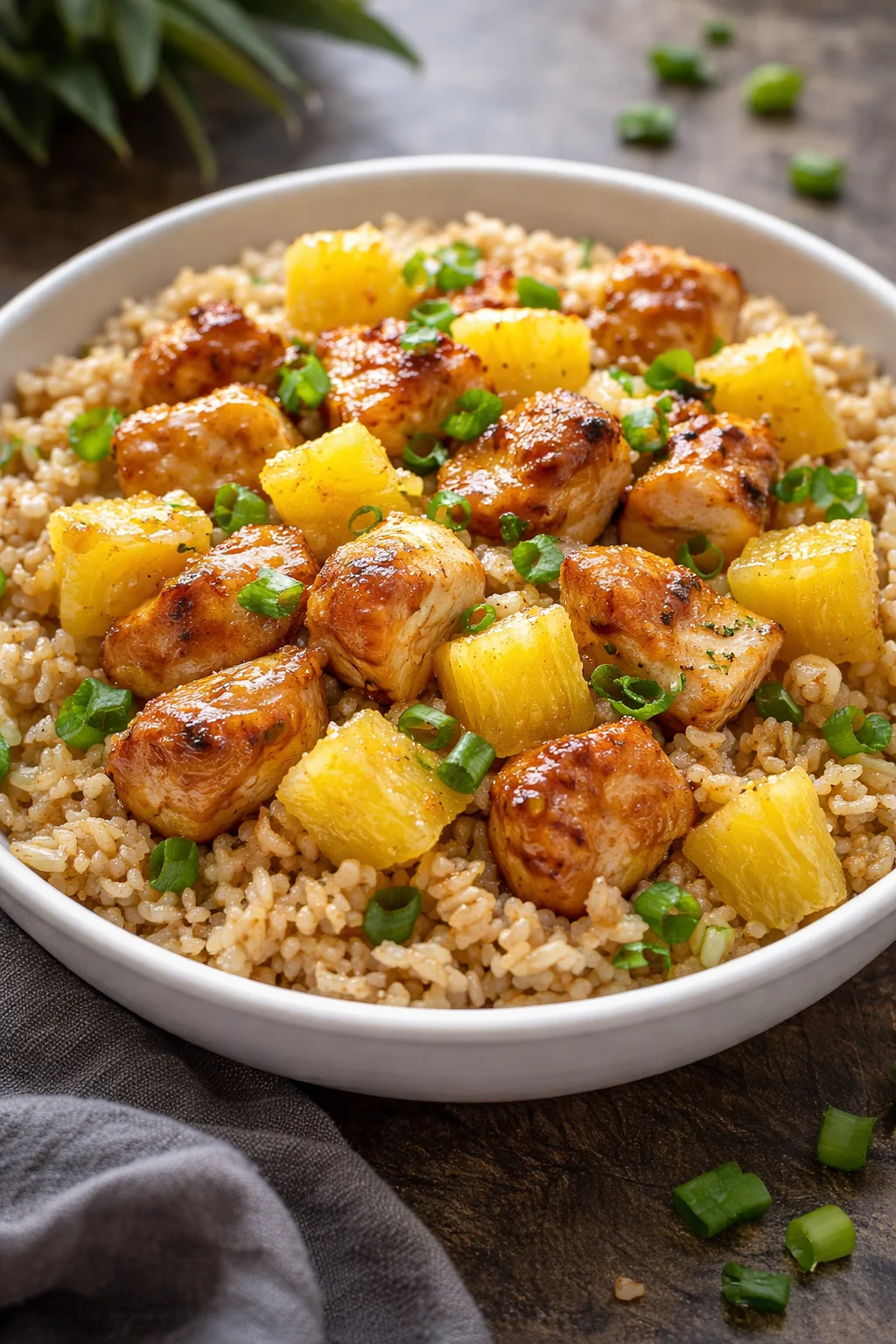 Pineapple Chicken Stir-Fry served in a bowl with vegetables and rice