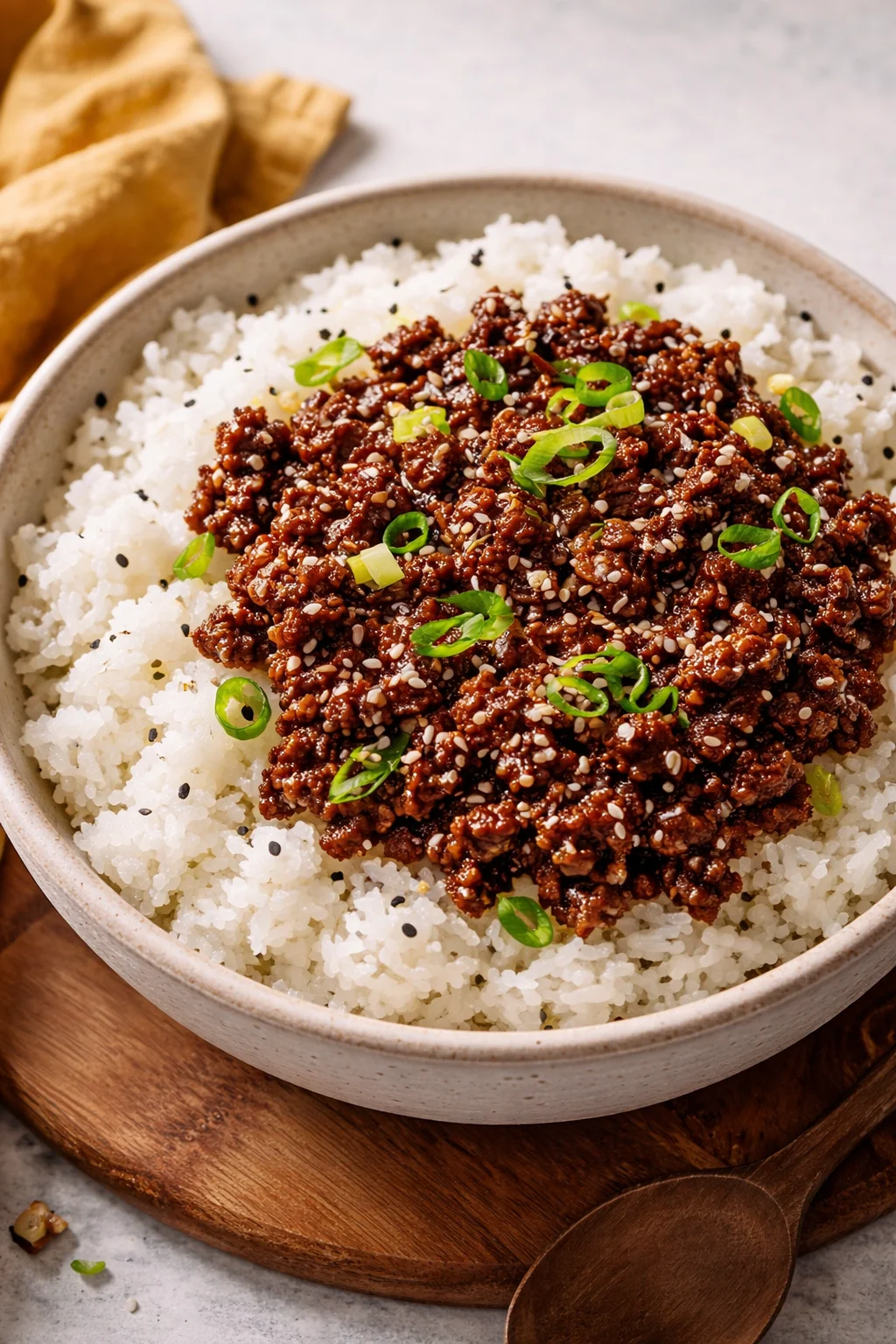 Quick ground beef rice bowl topped with fresh vegetables and herbs
