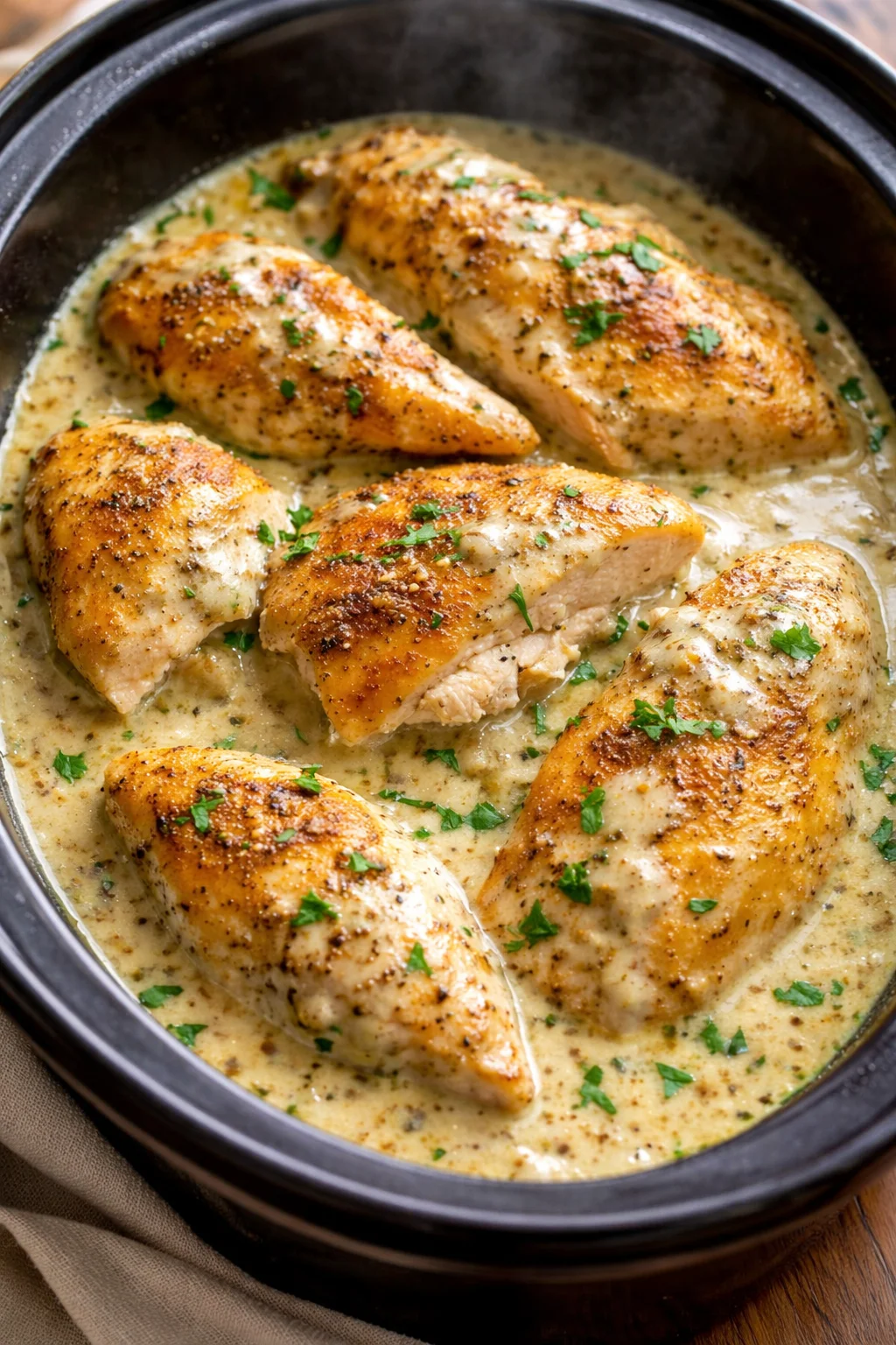 Crock Pot Ranch Chicken cooked with herbs and spices.