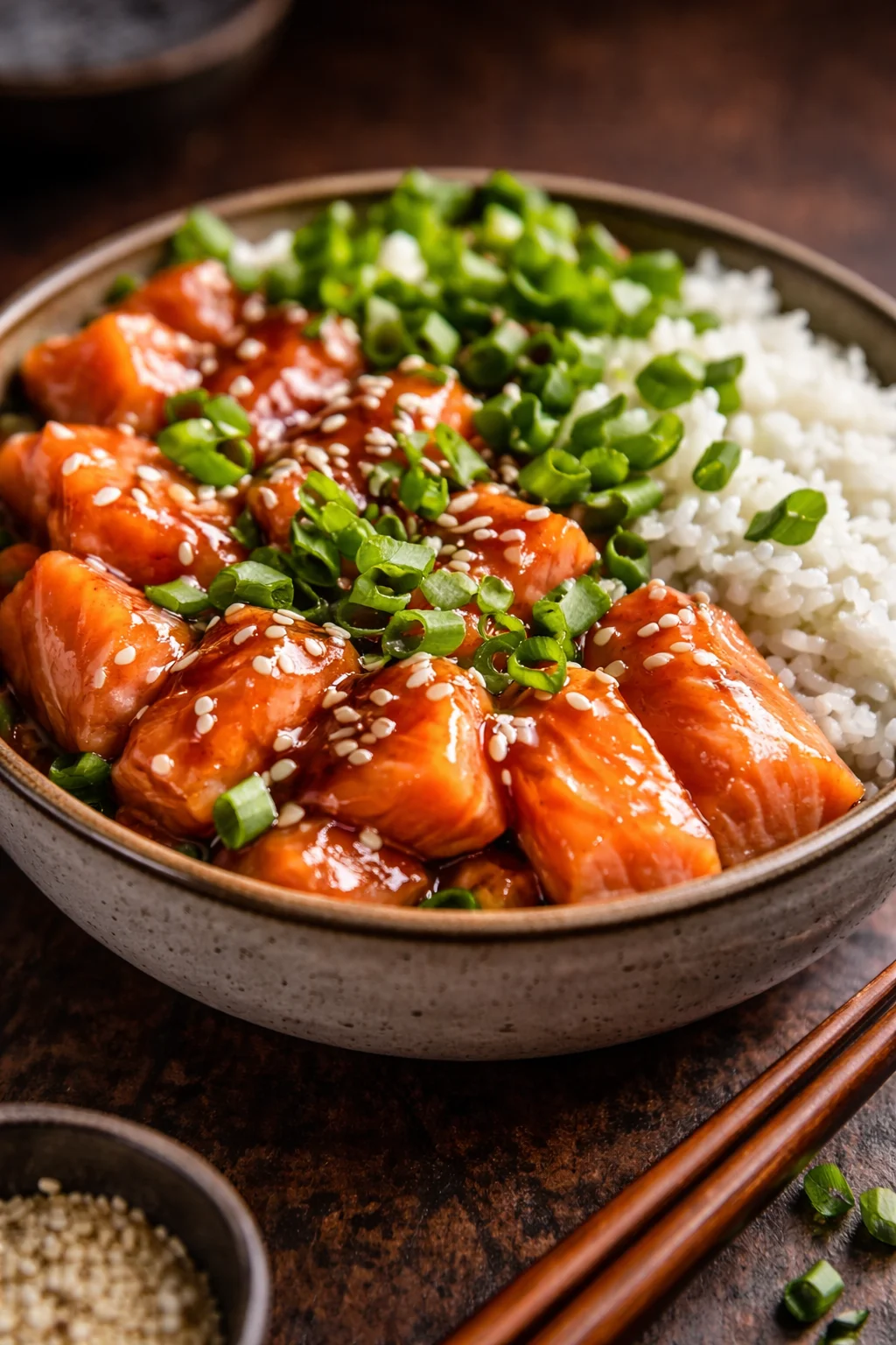 Delicious salmon rice bowl topped with fresh ingredients and served in a bowl