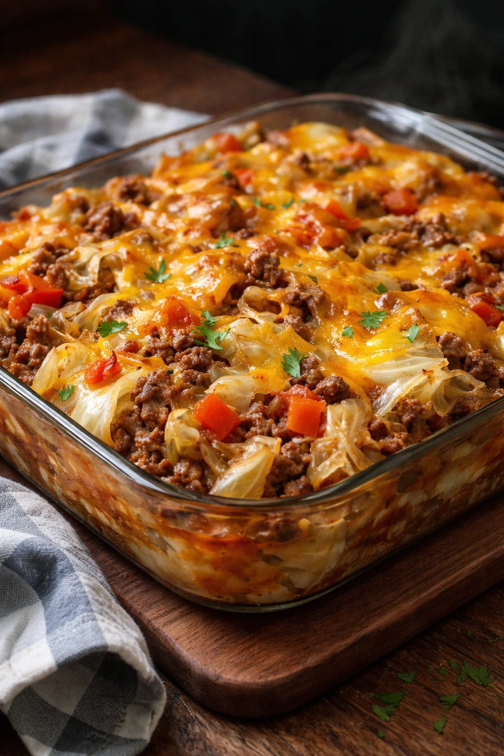 Savory Cabbage Beef Bake in a casserole dish, garnished with herbs.