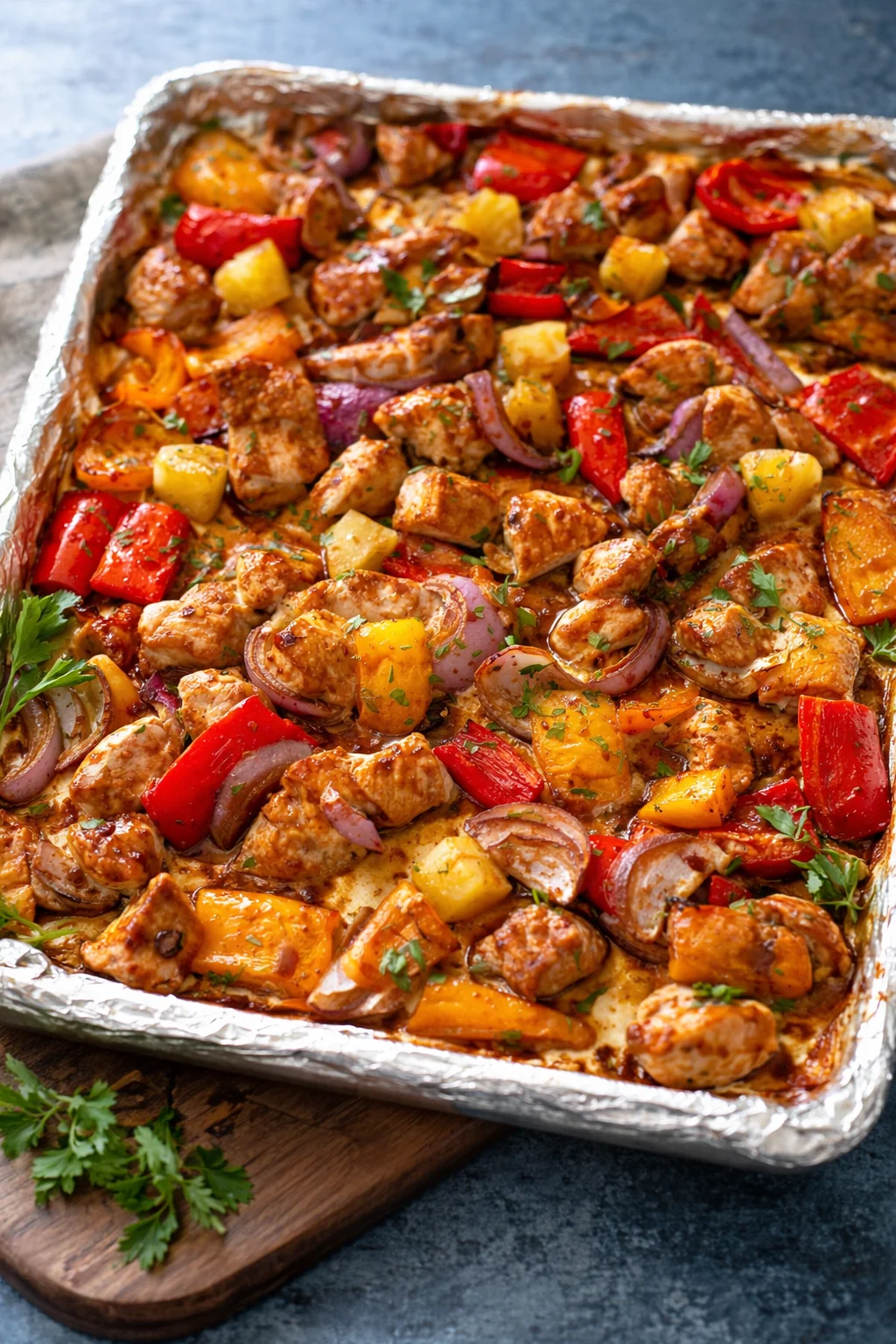 Sheet Pan Hawaiian Chicken with colorful vegetables and pineapple