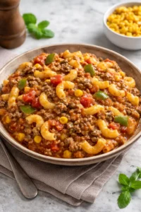 Simple Mexican Goulash with Ground Beef served in a bowl