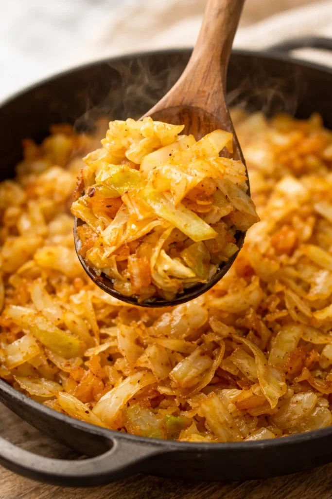 Plate of simple sautéed cabbage garnished with herbs.