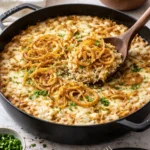 Skillet French Onion Chicken and Rice Casserole served in a skillet