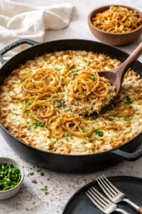 Skillet French Onion Chicken and Rice Casserole served in a skillet