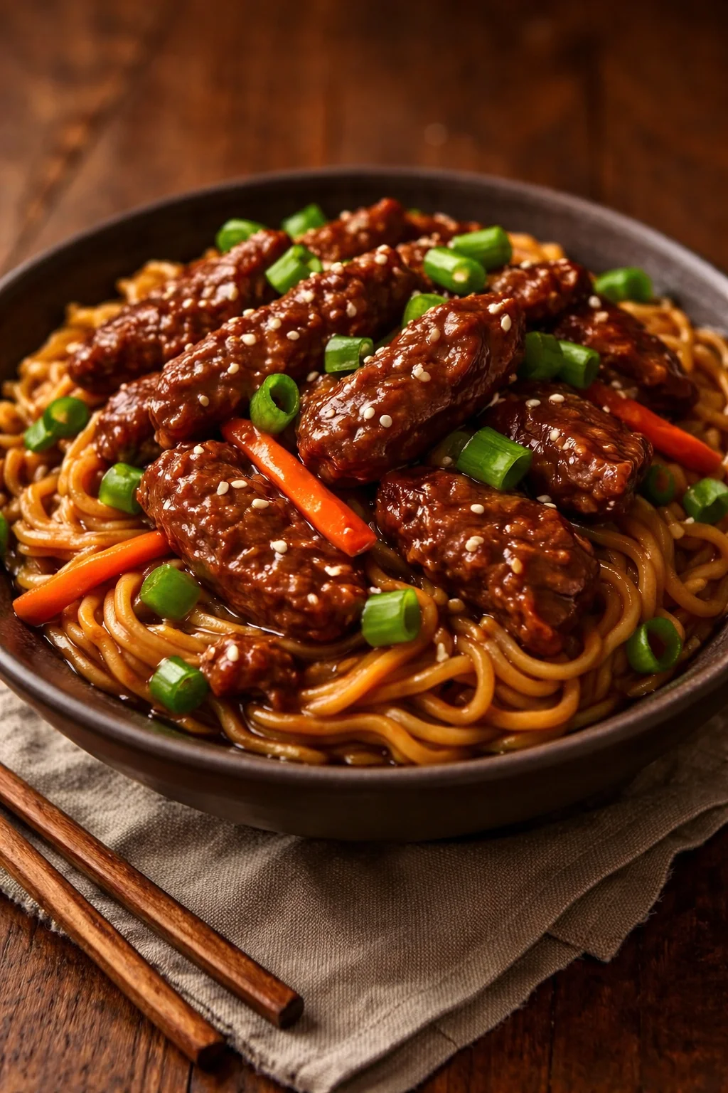 Delicious slow cooker beef ramen noodles garnished with fresh herbs