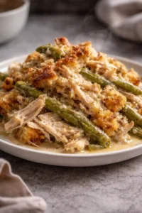 Slow Cooker Chicken and Stuffing topped with herbs in a cozy kitchen setting.
