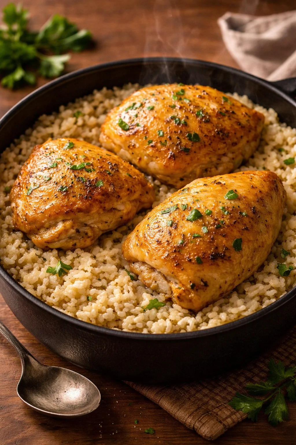 Plate of slow cooker lemon herb chicken served with rice and herbs