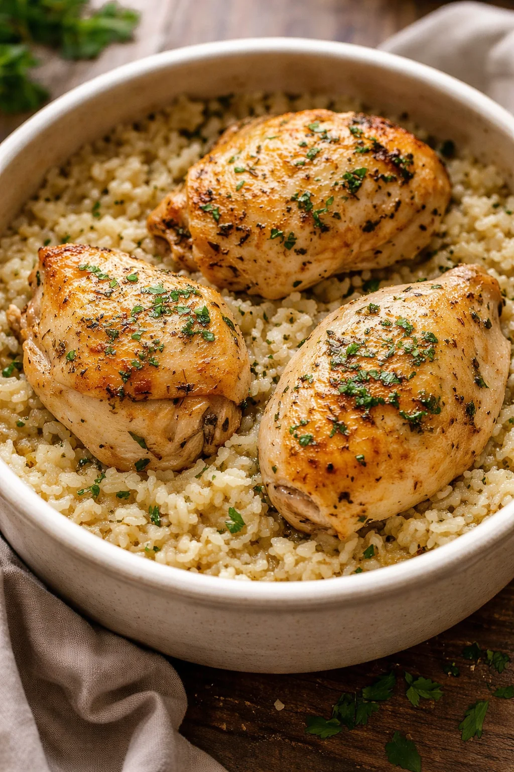 Slow Cooker Lemon Herb Chicken and Rice served with fresh herbs
