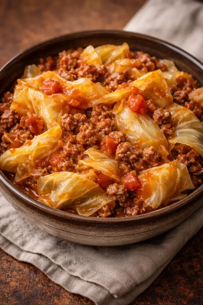 Delicious slow cooker unstuffed cabbage rolls served with sauce