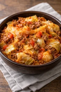 Slow cooker unstuffed cabbage rolls served in a bowl with fresh herbs