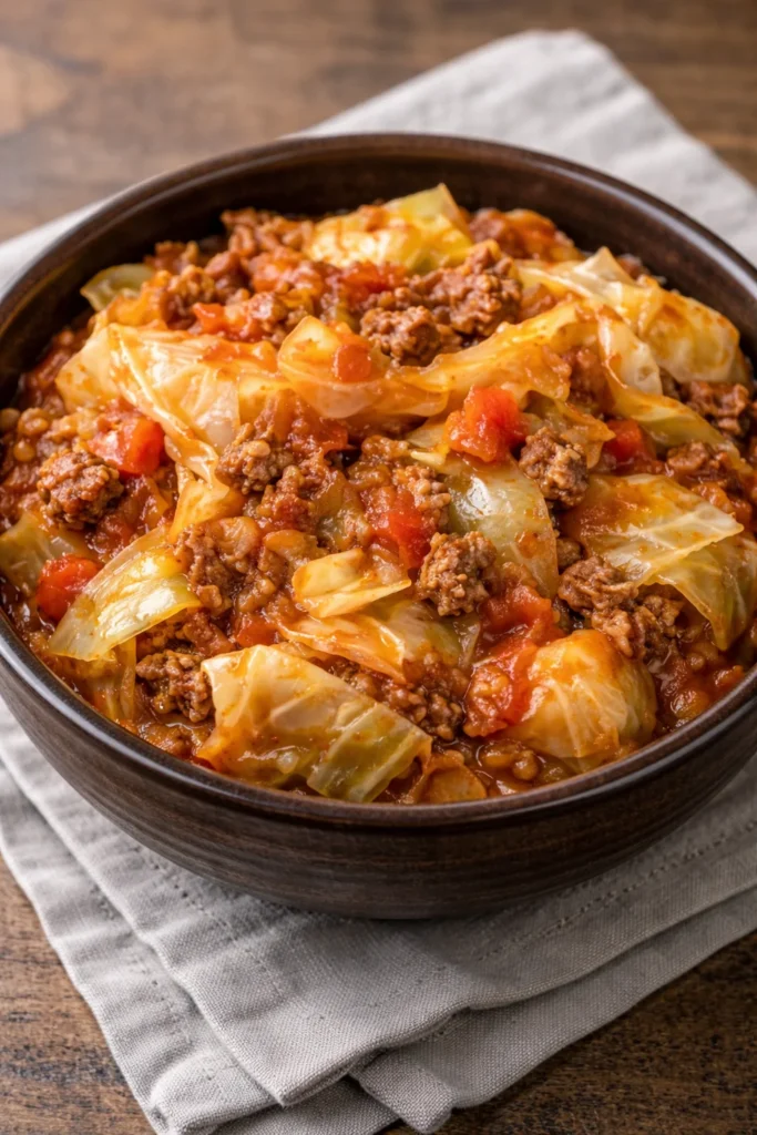 Slow cooker unstuffed cabbage rolls served in a bowl with fresh herbs