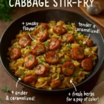 Smoked sausage and cabbage stir-fry in a skillet, garnished with herbs