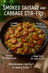 Smoked sausage and cabbage stir-fry in a skillet, garnished with herbs