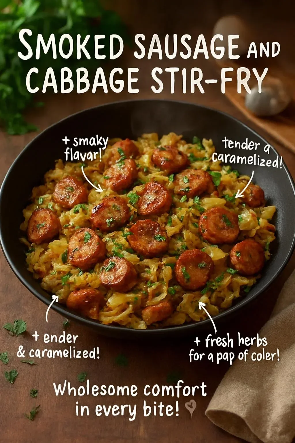 Smoked sausage and cabbage stir-fry in a skillet, garnished with herbs