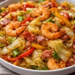 Southern Fried Cabbage with Shrimp dish served in a skillet