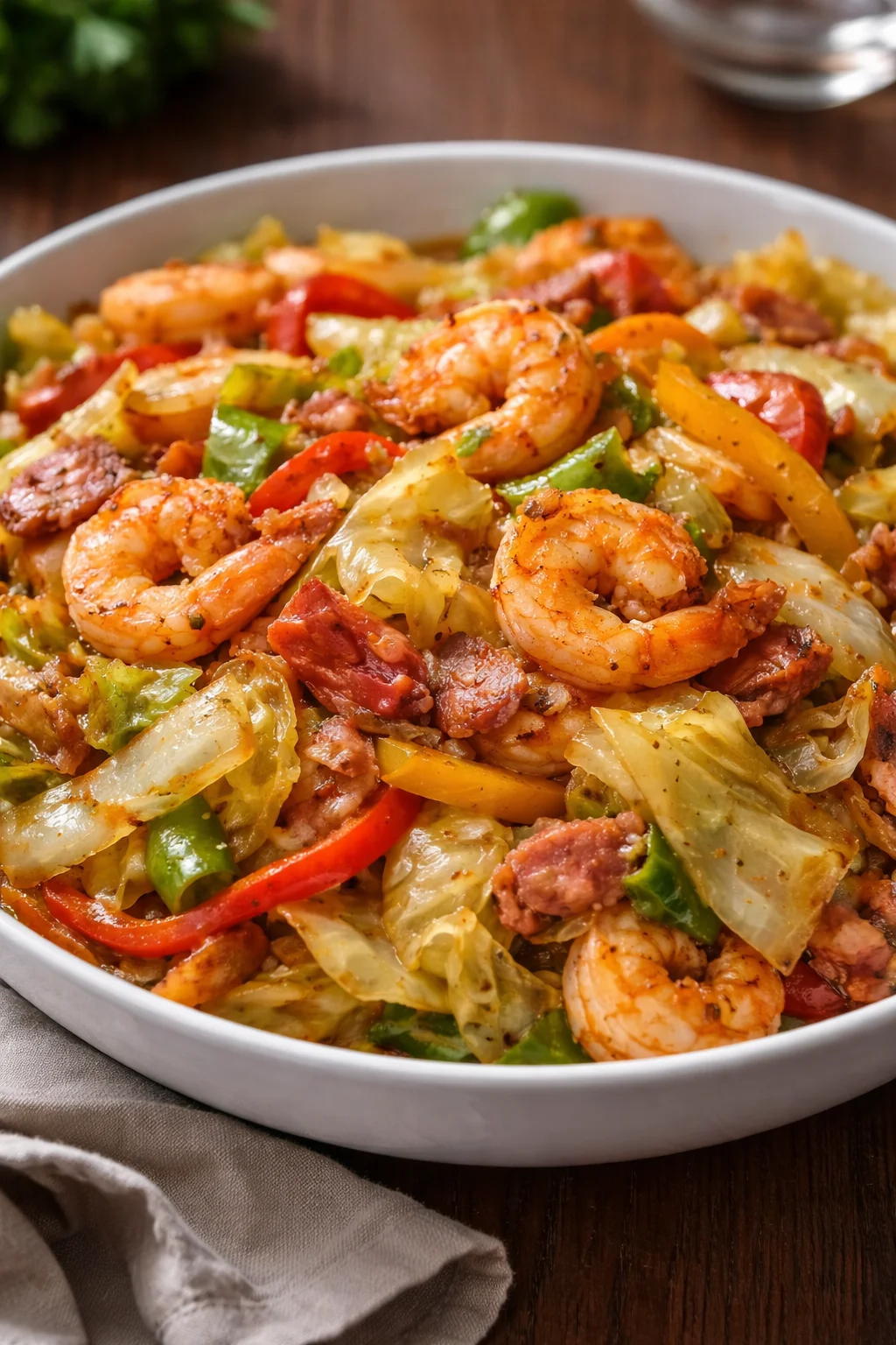 Southern Fried Cabbage with Shrimp dish served in a skillet