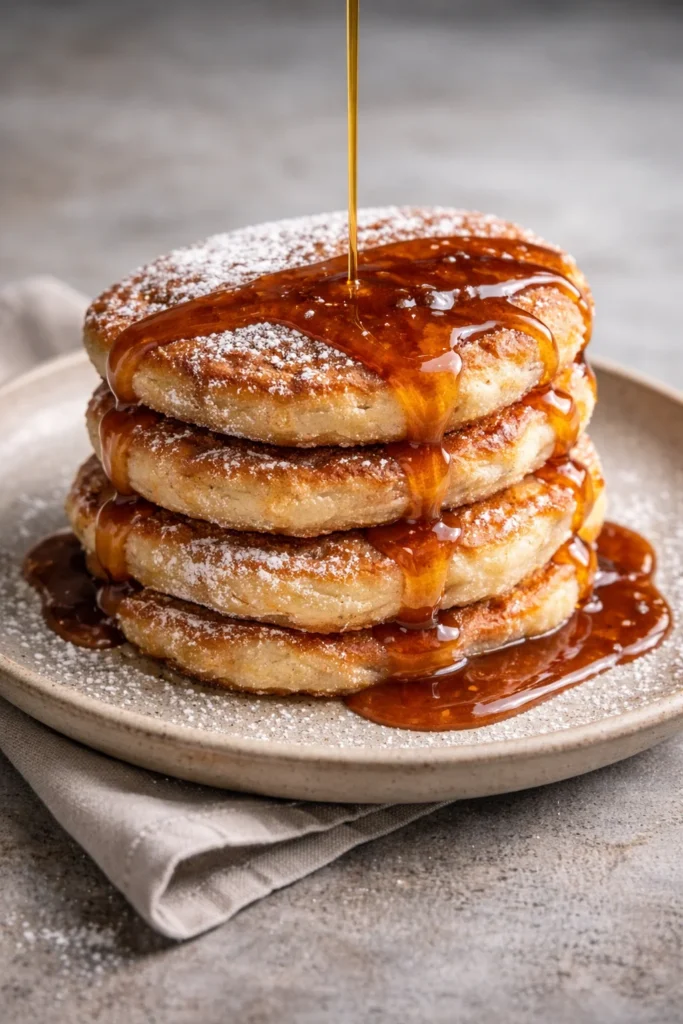 Delicious churro pancakes served with cinnamon sugar and chocolate sauce