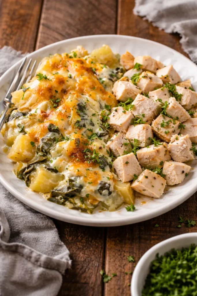 Spinach Artichoke Au Gratin Potatoes dish served in a bowl