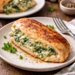 Spinach stuffed chicken breasts with creamy filling, served on a plate.