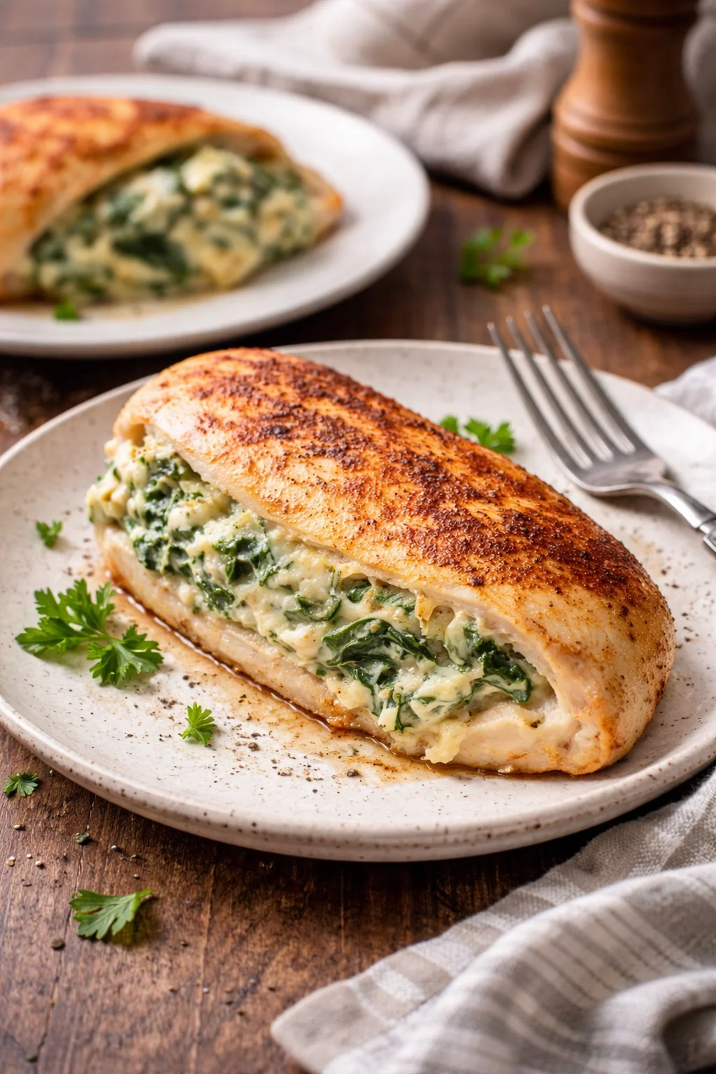 Spinach stuffed chicken breasts with creamy filling, served on a plate.