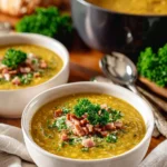 Bowl of split pea and ham soup garnished with herbs