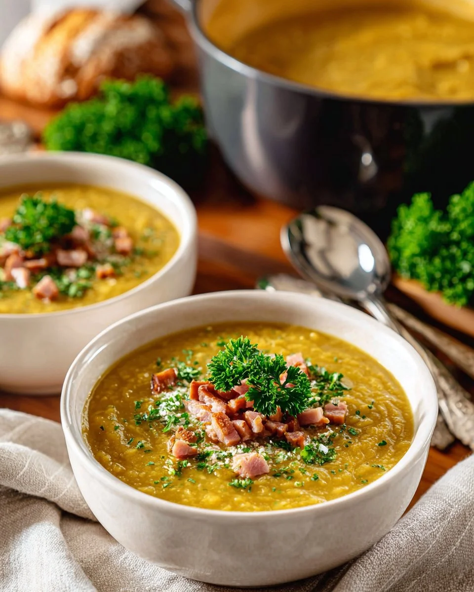 Bowl of split pea and ham soup garnished with herbs