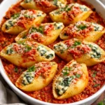 Stuffed pasta shells with ricotta and spinach in a savory tomato sauce