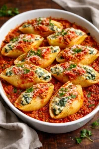 Stuffed pasta shells with ricotta and spinach in a savory tomato sauce