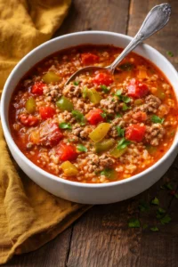 Bowl of delicious stuffed pepper soup with colorful peppers and rice