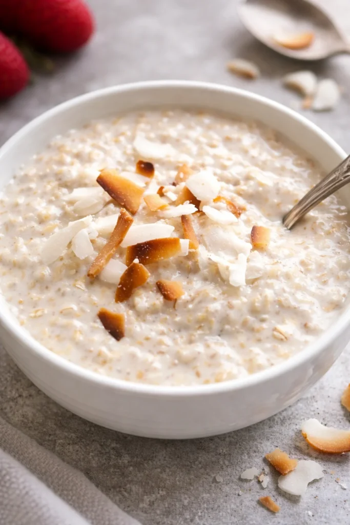 Delicious bowl of coconut cream oats topped with fresh fruits and nuts