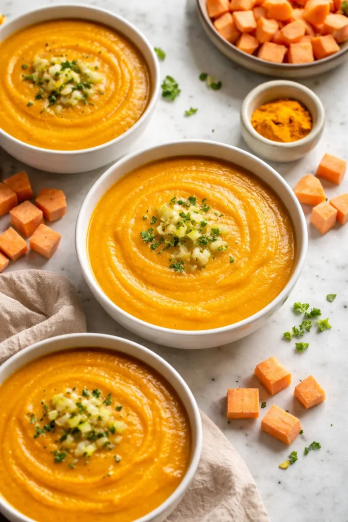 Bowl of tasty roasted sweet potato and leek soup garnished with herbs