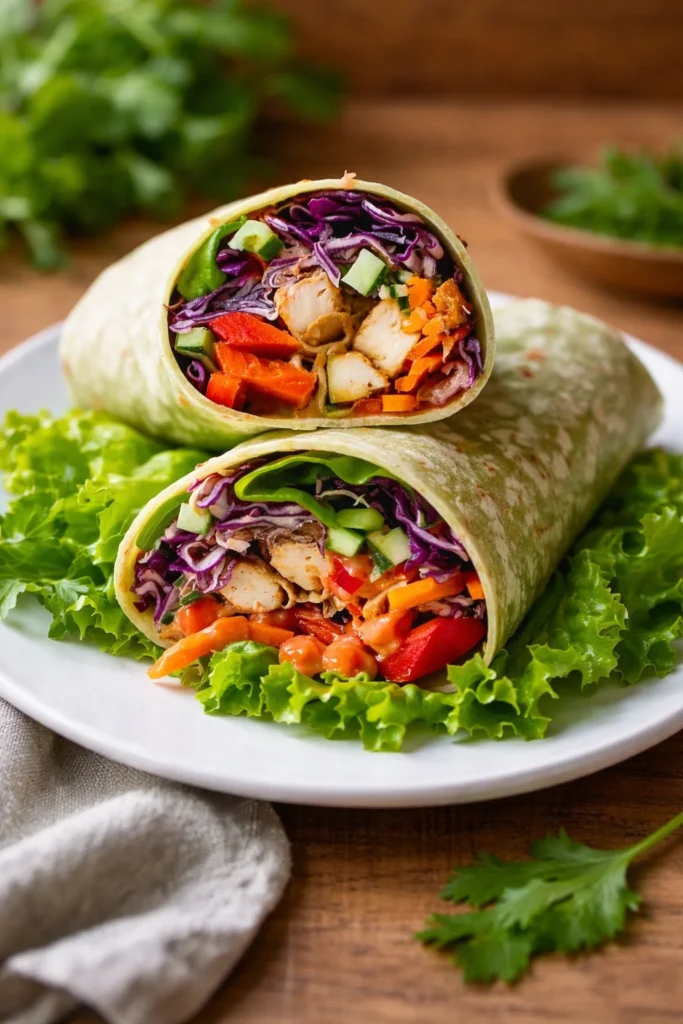 Thai Peanut Chicken Wraps with fresh veggies and creamy peanut sauce
