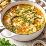 Bowl of ultimate homemade chicken soup with vegetables and herbs