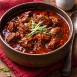 Bowl of Ultimate Texas Red Chili topped with cheese and fresh herbs