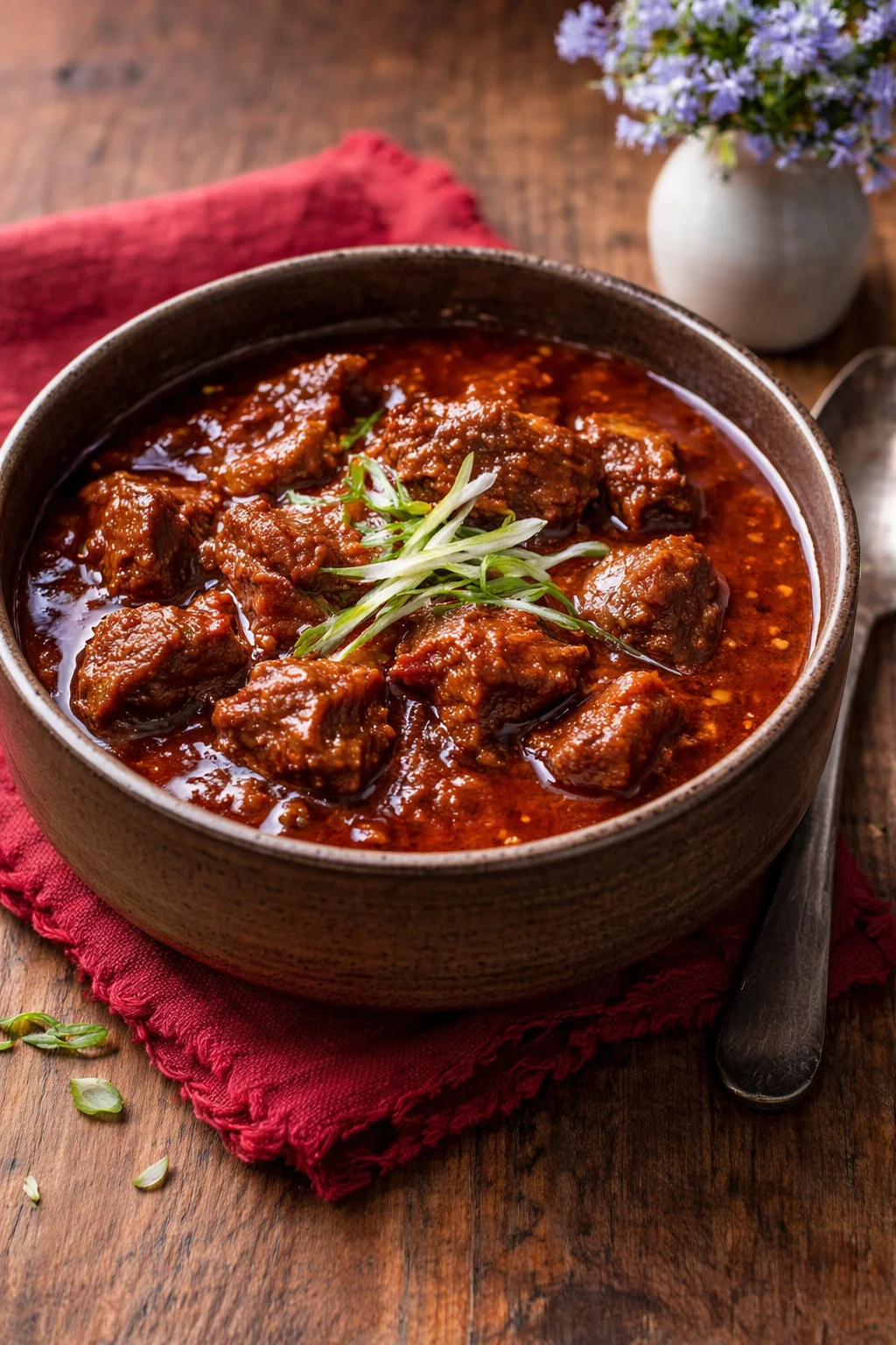 Bowl of Ultimate Texas Red Chili topped with cheese and fresh herbs