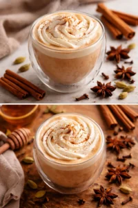 A warm vanilla chai latte topped with cinnamon and whipped cream in a cozy setting.