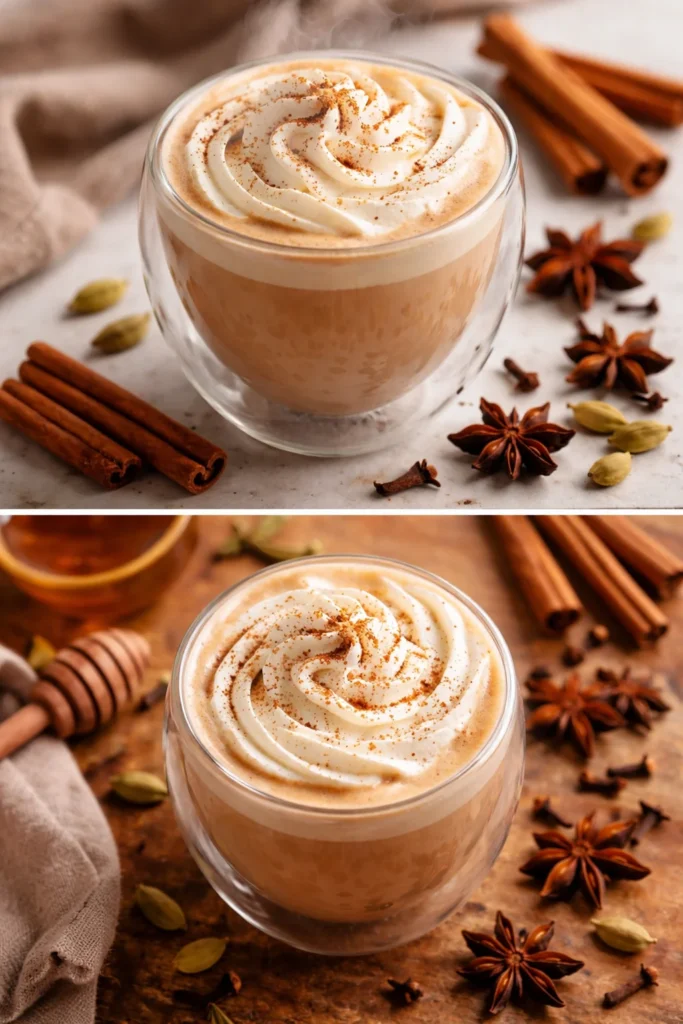 A warm vanilla chai latte topped with cinnamon and whipped cream in a cozy setting.