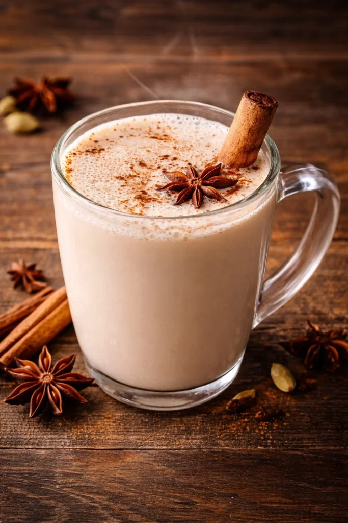 A delicious Vanilla Chai Tea Latte topped with frothy milk and spices.