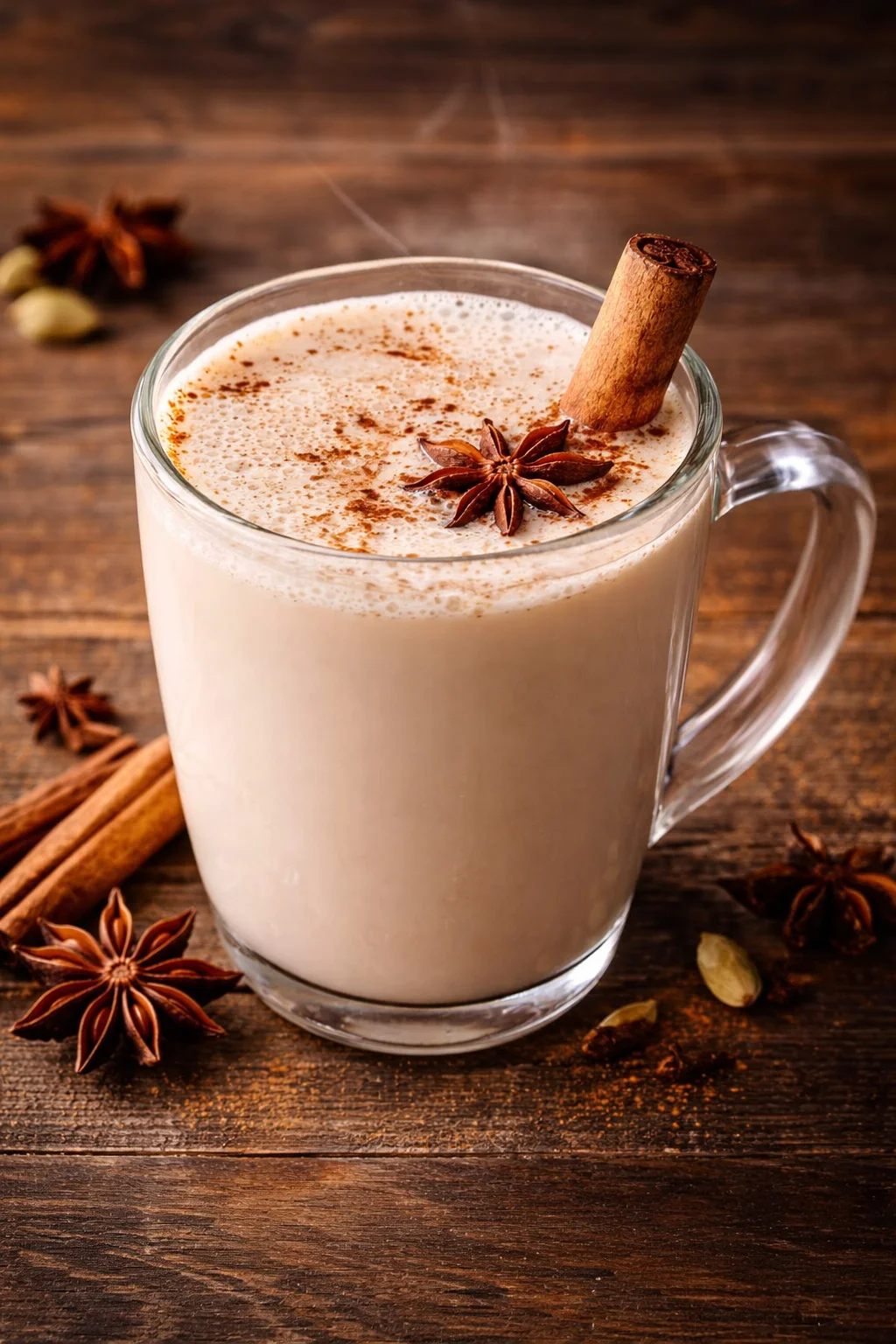 A delicious Vanilla Chai Tea Latte topped with frothy milk and spices.