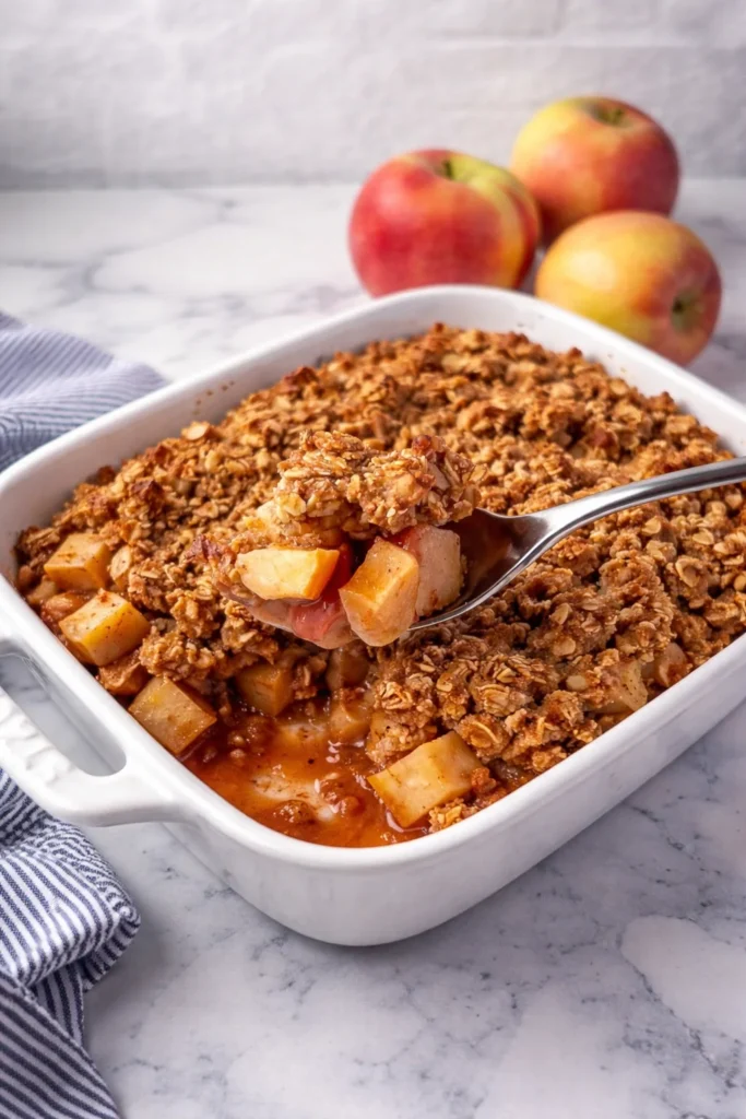 Delicious Vegan Apple Crisp with apple filling and oat topping