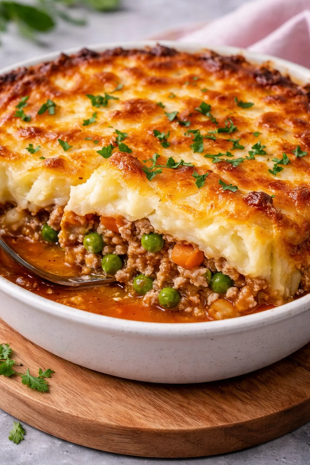 Bowl of Vegan Cottage Pie made with lentils and vegetables