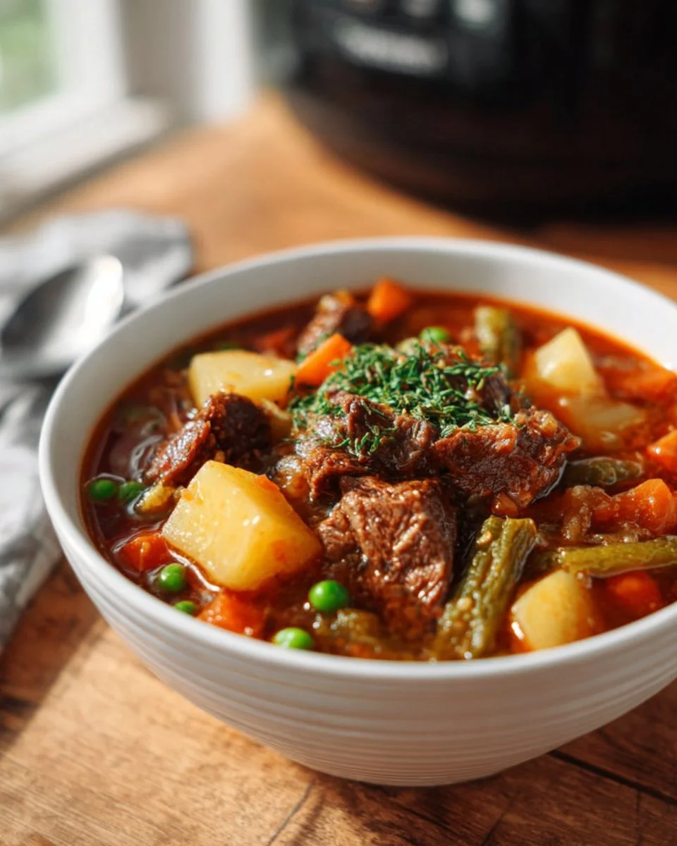 Bowl of steaming vegetable beef soup with colorful vegetables and tender beef chunks