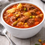 Delicious Vegetable Beef Soup with fresh vegetables and tender beef.