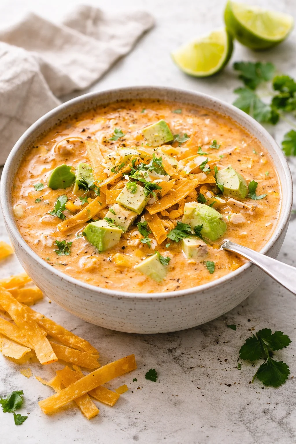 Delicious bowl of homemade white chicken chili topped with cilantro and lime