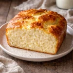 A loaf of homemade zero carb yogurt bread on a wooden cutting board.